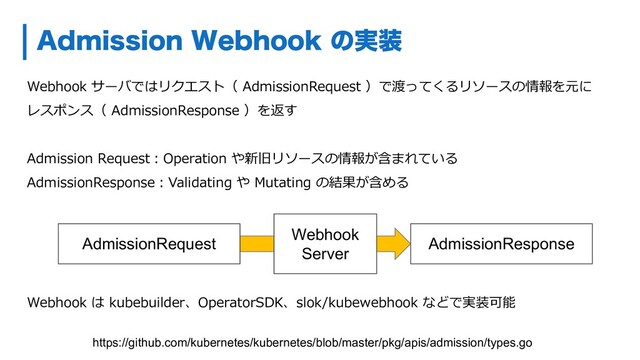 Webhook サーバではリクエスト（ AdmissionRequest ）で渡ってくるリソースの情報を元に
レスポンス（ AdmissionResponse ）を返す
Admission Request︓Operation や新旧リソースの情報が含まれている
AdmissionResponse︓Validating や Mutating の結果が含める
Webhook は kubebuilder、OperatorSDK、slok/kubewebhook などで実装可能
"ENJTTJPO8FCIPPLͷ࣮૷
https://github.com/kubernetes/kubernetes/blob/master/pkg/apis/admission/types.go
AdmissionRequest AdmissionResponse
Webhook
Server
