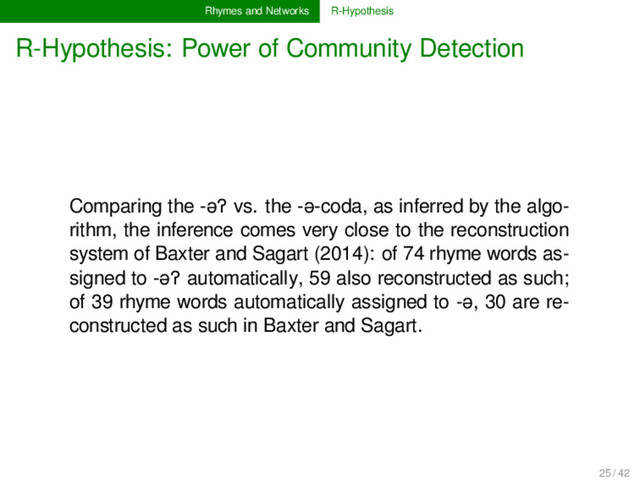 Rhymes and Networks R-Hypothesis
R-Hypothesis: Power of Community Detection
Comparing the -əʔ vs. the -ə-coda, as inferred by the algo-
rithm, the inference comes very close to the reconstruction
system of Baxter and Sagart (2014): of 74 rhyme words as-
signed to -əʔ automatically, 59 also reconstructed as such;
of 39 rhyme words automatically assigned to -ə, 30 are re-
constructed as such in Baxter and Sagart.
25 / 42
