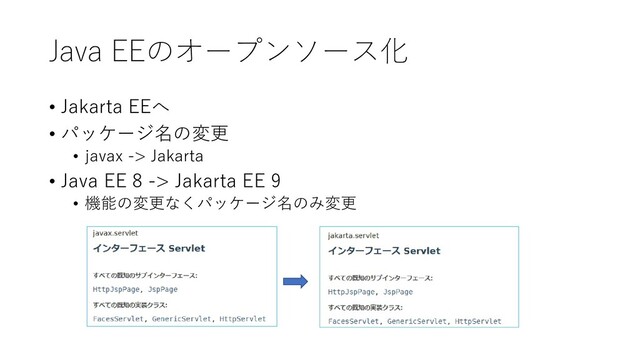 Java EEのオープンソース化
• Jakarta EEへ
• パッケージ名の変更
• javax -> Jakarta
• Java EE 8 -> Jakarta EE 9
• 機能の変更なくパッケージ名のみ変更
