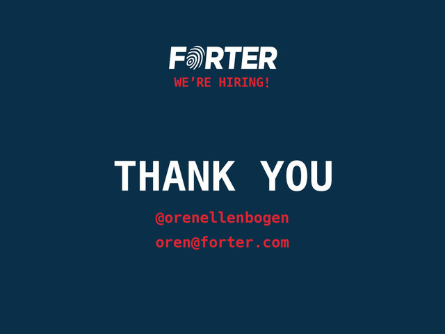 THANK YOU


WE’RE HIRING!
@orenellenbogen
oren@forter.com
