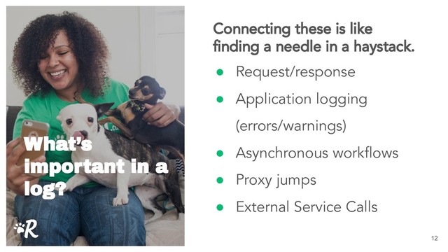 ● Request/response
● Application logging
(errors/warnings)
● Asynchronous workﬂows
● Proxy jumps
● External Service Calls
12
What’s
important in a
log?
Connecting these is like
ﬁnding a needle in a haystack.
