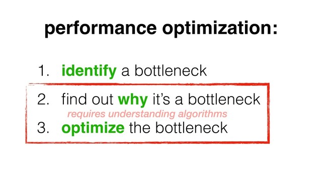 1. identify a bottleneck
2. ﬁnd out why it’s a bottleneck
3. optimize the bottleneck
performance optimization:
requires understanding algorithms
