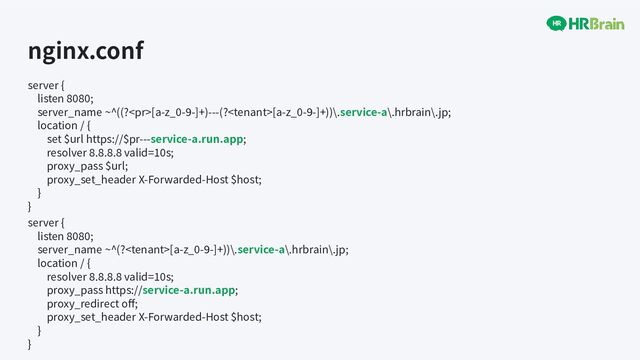 nginx.conf
server {
listen 8080;
server_name ~^((?[a-z_0-9-]+)---(?[a-z_0-9-]+))\.service-a\.hrbrain\.jp;
location / {
set $url https://$pr---service-a.run.app;
resolver 8.8.8.8 valid=10s;
proxy_pass $url;
proxy_set_header X-Forwarded-Host $host;
}
}
server {
listen 8080;
server_name ~^(?[a-z_0-9-]+))\.service-a\.hrbrain\.jp;
location / {
resolver 8.8.8.8 valid=10s;
proxy_pass https://service-a.run.app;
proxy_redirect oﬀ;
proxy_set_header X-Forwarded-Host $host;
}
}
