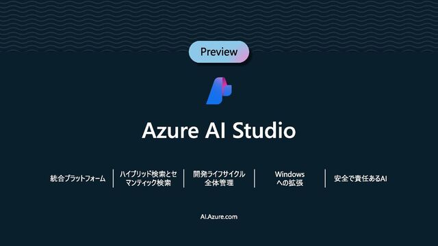 Preview
Azure AI Studio
統合プラットフォーム
ハイブリッド検索とセ
マンティック検索
開発ライフサイクル
全体管理
Windows
への拡張
安全で責任あるAI
AI.Azure.com

