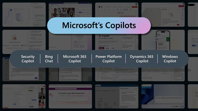 Microsoft’s Copilots
Security
Copilot
Bing
Chat
Microsoft 365
Copilot
Power Platform
Copilot
Dynamics 365
Copilot
Windows
Copilot
