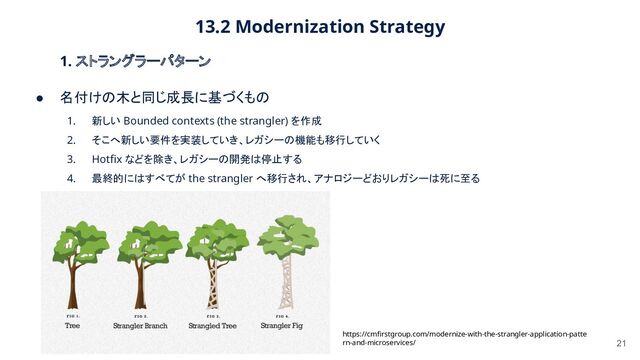 13.2 Modernization Strategy 
21
1. ストラングラーパターン 
● 名付けの木と同じ成長に基づくもの
 
1. 新しい Bounded contexts (the strangler) を作成 
2. そこへ新しい要件を実装していき、レガシーの機能も移行していく 
3. Hotﬁx などを除き、レガシーの開発は停止する 
4. 最終的にはすべてが the strangler へ移行され、アナロジーどおりレガシーは死に至る 
 
https://cmﬁrstgroup.com/modernize-with-the-strangler-application-patte
rn-and-microservices/ 
