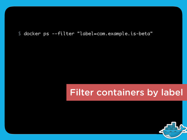 Filter containers by label
$ docker ps --filter "label=com.example.is-beta"
