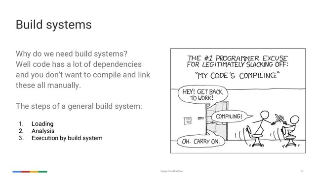 Google Cloud Platform 22
Build systems
Why do we need build systems?
Well code has a lot of dependencies
and you don’t want to compile and link
these all manually.
The steps of a general build system:
1. Loading
2. Analysis
3. Execution by build system

