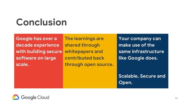 58
Google has over a
decade experience
with building secure
software on large
scale.
Conclusion
Your company can
make use of the
same infrastructure
like Google does.
Scalable, Secure and
Open.
The learnings are
shared through
whitepapers and
contributed back
through open source.
