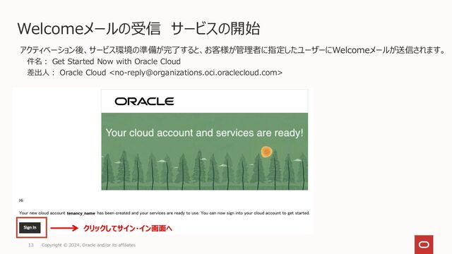 Copyright © 2024, Oracle and/or its affiliates
13
Welcomeメールの受信 サービスの開始
クリックしてサイン・イン画面へ
アクティベーション後、サービス環境の準備が完了すると、お客様が管理者に指定したユーザーにWelcomeメールが送信されます。
件名： Get Started Now with Oracle Cloud
差出人： Oracle Cloud 
