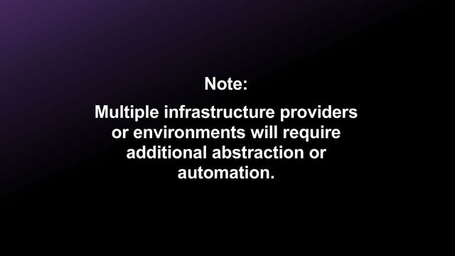 Note:


Multiple infrastructure providers
or environments will require
additional abstraction or
automation.
