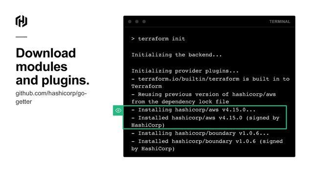 Download
modules
and plugins.


github.com/hashicorp/go-
getter
TERMINAL
> terraform ini
t

Initializing the backend..
.

Initializing provider plugins..
.

- terraform.io/builtin/terraform is built in to
Terrafor
m

- Reusing previous version of hashicorp/aws
from the dependency lock fil
e

- Installing hashicorp/aws v4.15.0..
.

- Installed hashicorp/aws v4.15.0 (signed by
HashiCorp
)

- Installing hashicorp/boundary v1.0.6..
.

- Installed hashicorp/boundary v1.0.6 (signed
by HashiCorp
)

