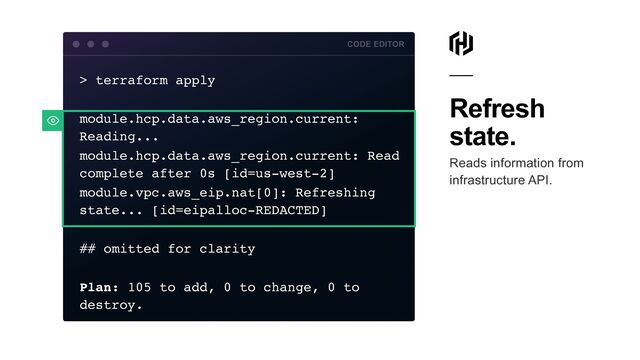 Refresh
state.


Reads information from
infrastructure API.
> terraform appl
y

module.hcp.data.aws_region.current:
Reading..
.

module.hcp.data.aws_region.current: Read
complete after 0s [id=us-west-2
]

module.vpc.aws_eip.nat[0]: Refreshing
state... [id=eipalloc-REDACTED
]

## omitted for clarit
y

Plan: 105 to add, 0 to change, 0 to
destroy
.

CODE EDITOR
