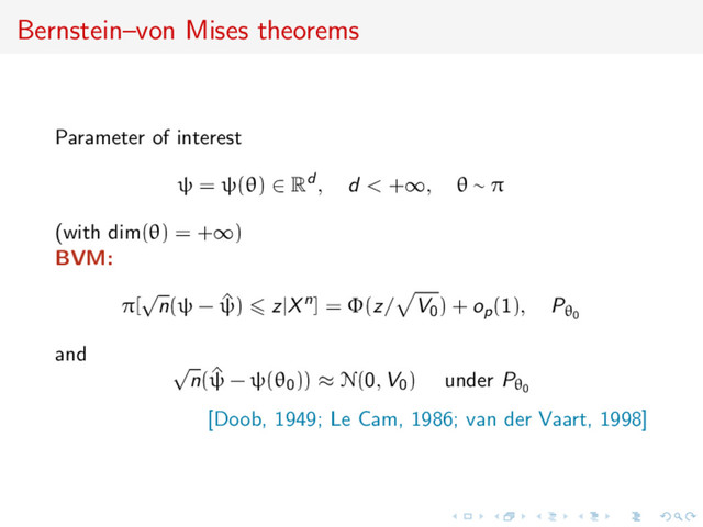 Bernstein–von Mises theorems
Parameter of interest
ψ = ψ(θ) ∈ Rd , d < +∞, θ ∼ π
(with dim(θ) = +∞)
BVM:
π[
√
n(ψ − ^
ψ) z|Xn] = Φ(z/ V0) + op(1), Pθ0
and √
n( ^
ψ − ψ(θ0)) ≈ N(0, V0) under Pθ0
[Doob, 1949; Le Cam, 1986; van der Vaart, 1998]
