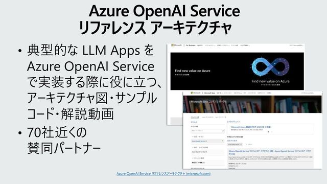 • 典型的な LLM Apps を
Azure OpenAI Service
で実装する際に役に立つ、
アーキテクチャ図・サンプル
コード・解説動画
• 70社近くの
賛同パートナー
Azure OpenAI Service
リファレンス アーキテクチャ
Azure OpenAI Service リファレンスアーキテクチャ (microsoft.com)
