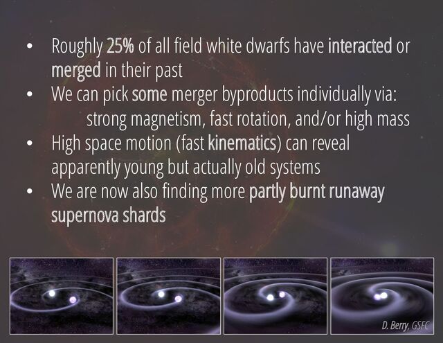 • Roughly 25% of all field white dwarfs have interacted or
merged in their past
• We can pick some merger byproducts individually via:
strong magnetism, fast rotation, and/or high mass
• High space motion (fast kinematics) can reveal
apparently young but actually old systems
• We are now also finding more partly burnt runaway
supernova shards
D. Berry, GSFC
