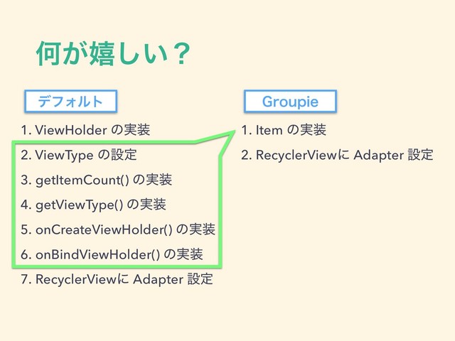Կ͕خ͍͠ʁ
1. ViewHolder ͷ࣮૷
2. ViewType ͷઃఆ
3. getItemCount() ͷ࣮૷
4. getViewType() ͷ࣮૷
5. onCreateViewHolder() ͷ࣮૷
6. onBindViewHolder() ͷ࣮૷
7. RecyclerViewʹ Adapter ઃఆ
1. Item ͷ࣮૷
2. RecyclerViewʹ Adapter ઃఆ
σϑΥϧτ (SPVQJF
