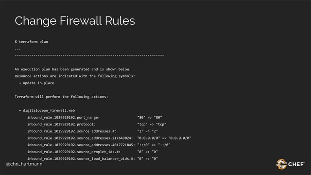 @chri_hartmann
Change Firewall Rules
$ terraform plan
...
------------------------------------------------------------------------
An execution plan has been generated and is shown below.
Resource actions are indicated with the following symbols:
~ update in-place
Terraform will perform the following actions:
~ digitalocean_firewall.web
inbound_rule.1029929102.port_range: "80" => "80"
inbound_rule.1029929102.protocol: "tcp" => "tcp"
inbound_rule.1029929102.source_addresses.#: "2" => "2"
inbound_rule.1029929102.source_addresses.217649824: "0.0.0.0/0" => "0.0.0.0/0"
inbound_rule.1029929102.source_addresses.4017721845: "::/0" => "::/0"
inbound_rule.1029929102.source_droplet_ids.#: "0" => "0"
inbound_rule.1029929102.source_load_balancer_uids.#: "0" => "0"
