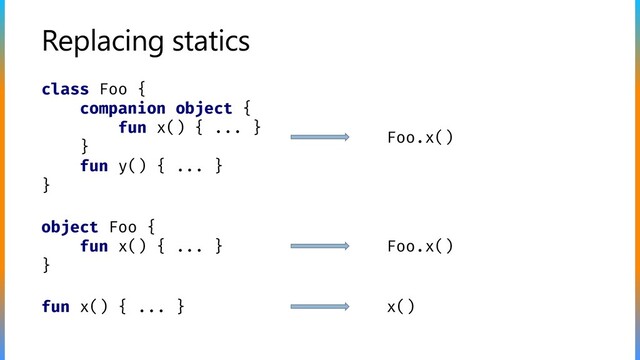 Replacing statics
class Foo {
companion object {
fun x() { ... }
}
fun y() { ... }
}
object Foo {
fun x() { ... }
}
fun x() { ... }
Foo.x()
Foo.x()
x()
