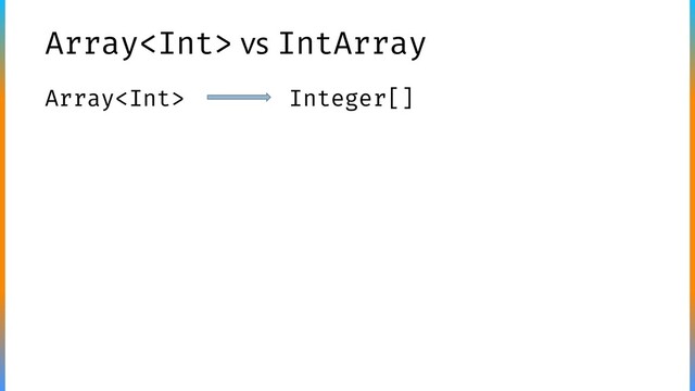 Array vs IntArray
Array Integer[]
