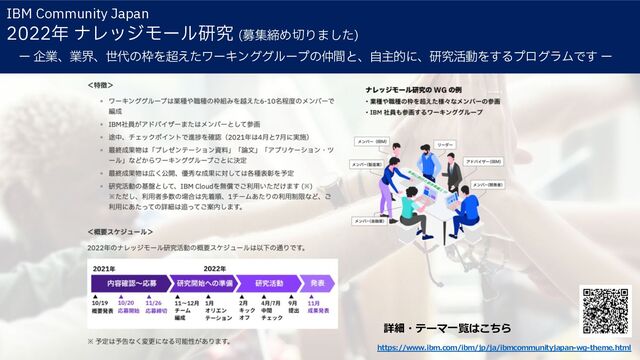 IBM Community Japan
2022年 ナレッジモール研究 (募集締め切りました)
ー 企業、業界、世代の枠を超えたワーキンググループの仲間と、⾃主的に、研究活動をするプログラムです ー
詳細・テーマ⼀覧はこちら
https://www.ibm.com/ibm/jp/ja/ibmcommunityjapan-wg-theme.html
