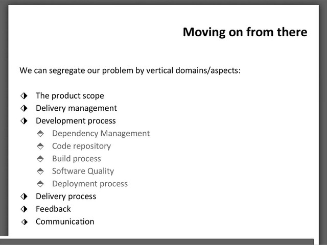 Moving on from there
We can segregate our problem by vertical domains/aspects:
⬗ The product scope
⬗ Delivery management
⬗ Development process
⬘ Dependency Management
⬘ Code repository
⬘ Build process
⬘ Software Quality
⬘ Deployment process
⬗ Delivery process
⬗ Feedback
⬗ Communication
