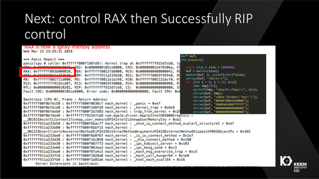 Next: control RAX then Successfully RIP
control
RAX is now a spray-friendly address
