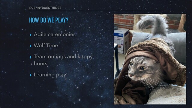 @JENNYDOESTHINGS
HOW DO WE PLAY?
▸ Agile ceremonies
▸ Wolf Time
▸ Team outings and happy
hours
▸ Learning play
