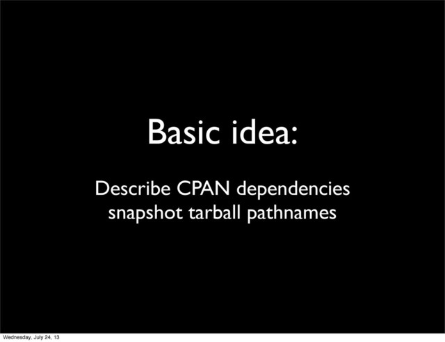 Basic idea:
Describe CPAN dependencies
snapshot tarball pathnames
Wednesday, July 24, 13
