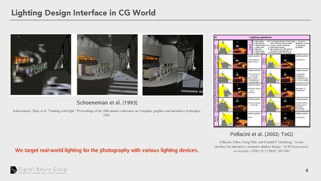 4
Lighting Design Interface in CG World
Schoeneman, Chris, et al. "Painting with light." Proceedings of the 20th annual conference on Computer graphics and interactive techniques.
1993.
Pellacini, Fabio, Parag Tole, and Donald P. Greenberg. "A user
interface for interactive cinematic shadow design." ACM Transactions
on Graphics (TOG) 21.3 (2002): 563-566.
1FMMBDJOJFUBM<5P(>
4DIPFOFNBOFUBM<>
8FUBSHFUSFBMXPSMEMJHIUJOHGPSUIFQIPUPHSBQIZXJUIWBSJPVTMJHIUJOHEFWJDFT
