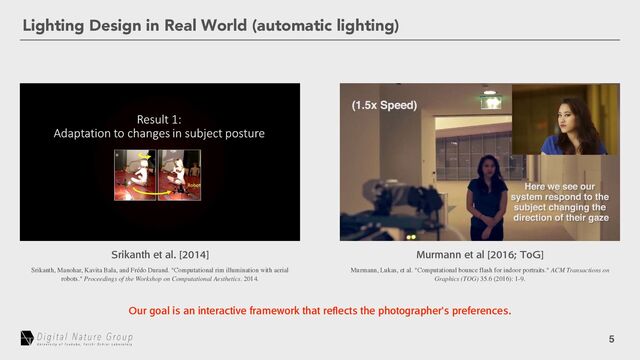 5
Lighting Design in Real World (automatic lighting)
Murmann, Lukas, et al. "Computational bounce flash for indoor portraits." ACM Transactions on
Graphics (TOG) 35.6 (2016): 1-9.
Srikanth, Manohar, Kavita Bala, and Frédo Durand. "Computational rim illumination with aerial
robots." Proceedings of the Workshop on Computational Aesthetics. 2014.
.VSNBOOFUBM<5P(>
4SJLBOUIFUBM<>
0VSHPBMJTBOJOUFSBDUJWFGSBNFXPSLUIBUSF
fl
FDUTUIFQIPUPHSBQIFSTQSFGFSFODFT

