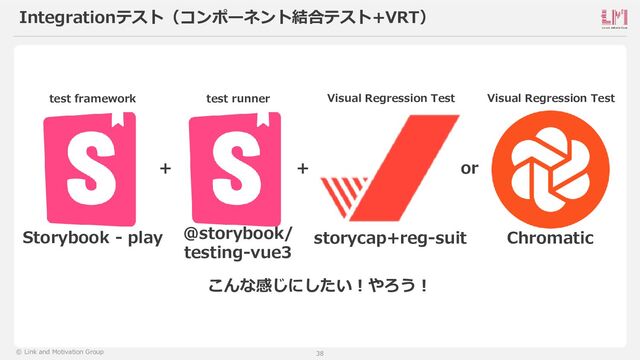38
© Link and Motivation Group
Integrationテスト（コンポーネント結合テスト+VRT）
Storybook - play
test framework
storycap+reg-suit
Visual Regression Test
Chromatic
Visual Regression Test
+ or
@storybook/
testing-vue3
test runner
+
こんな感じにしたい！やろう！
