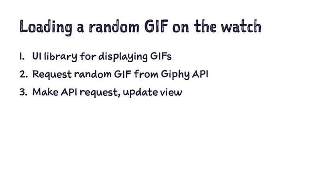 Loading a random GIF on the watch
1. UI library for displaying GIFs
2. Request random GIF from Giphy API
3. Make API request, update view
