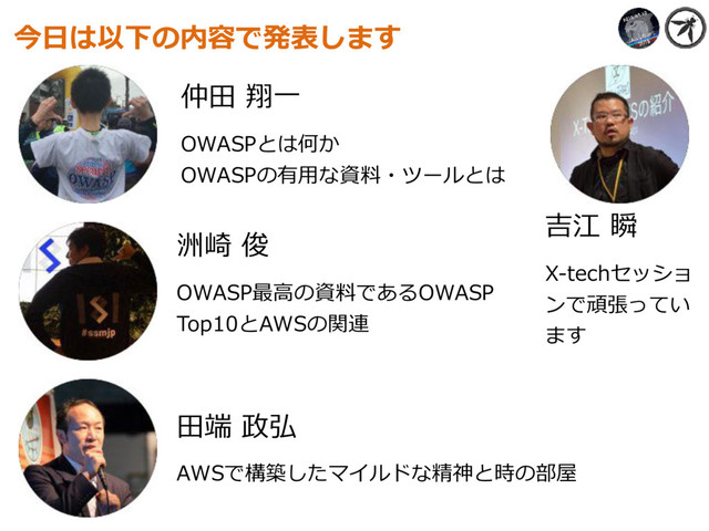 今⽇は以下の内容で発表します
仲⽥ 翔⼀
OWASPとは何か
OWASPの有⽤な資料・ツールとは
洲崎 俊
OWASP最⾼の資料であるOWASP
Top10とAWSの関連
⽥端 政弘
AWSで構築したマイルドな精神と時の部屋
吉江 瞬
X-techセッショ
ンで頑張ってい
ます
