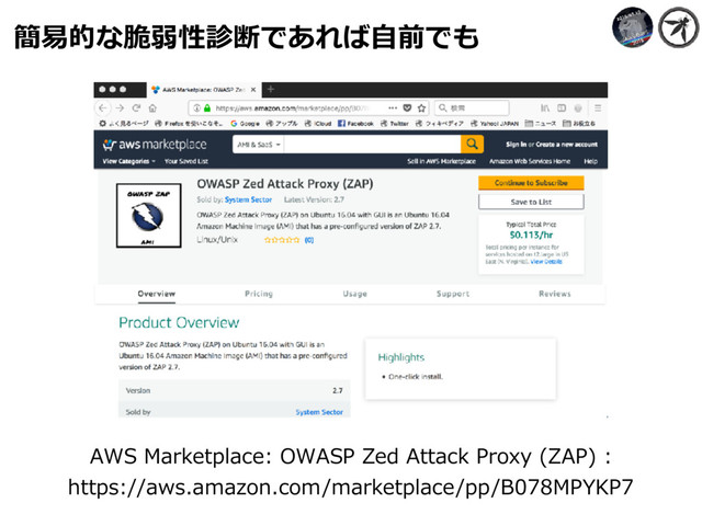 簡易的な脆弱性診断であれば⾃前でも
AWS Marketplace: OWASP Zed Attack Proxy (ZAP) :  
https://aws.amazon.com/marketplace/pp/B078MPYKP7
