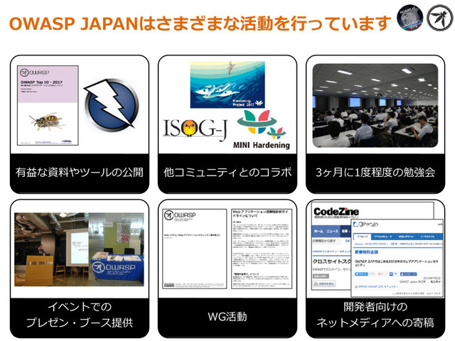 OWASP JAPANはさまざまな活動を⾏っています
3ヶ⽉に1度程度の勉強会
イベントでの
プレゼン・ブース提供
他コミュニティとのコラボ
有益な資料やツールの公開
WG活動
開発者向けの
ネットメディアへの寄稿
