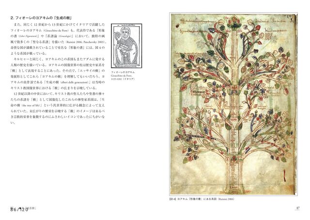 86 87
◉Ⅱ「家系樹」
【図 4】ヨアキム『形象の書』にある系図（Rainini 2006）
2. フィオーレのヨアキムの「生成の樹」
　また、同じく 12 世紀から 13 世紀にかけてイタリアで活躍した
フィオーレのヨアキム（Gioacchino da Fiore）も、代表作である『形象
の書（Liber Figurarum）
』や『系譜論（Genealogia）
』において、独特の画
風で数多くの「聖なる系譜」を描いた（Rainini 2006; Patschovsky 2003）
。
奇怪な図が満載されていることで有名な『形象の書』には、図 4 の
ような系図が載っている。
　キルヒャーと同じく、ヨアキムのこの系図もまたアダムに発する
人類の歴史を描いている。ヨアキムの図像世界の柱は歴史や家系を
「樹」として表現することにあった。その点で、
「エッサイの樹」の
発展形としてこれら「ヨアキムの樹」を理解してもいいだろう。ヨ
アキムの真骨頂である「生成の樹（alberi delle generazioni）
」は当時の
キリスト教図像世界における「樹」の広まりを示唆している。
　12 世紀以降の中世において、
キリスト教の聖人たちや聖書の神々
たちの系譜を「樹」として図像化したこれらの神聖家系図は、
「生
命の樹（the tree of life）
」という汎世界的に広がる観念によって支え
られていた。末広がりの繁栄を示唆する「樹」のイメージは来るべ
き宗教的栄華を象徴するのにふさわしいイコンであったにちがいな
い。
フィオーレのヨアキム
Gioacchino da Fiore,
1135-1202（イタリア）
