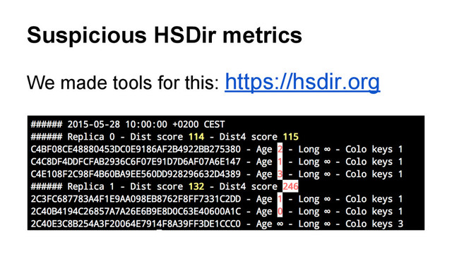 Suspicious HSDir metrics
We made tools for this: https://hsdir.org
