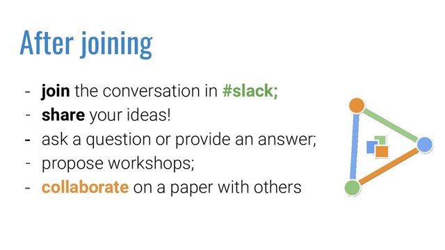 - join the conversation in #slack;
- share your ideas!
- ask a question or provide an answer;
- propose workshops;
- collaborate on a paper with others
After joining
