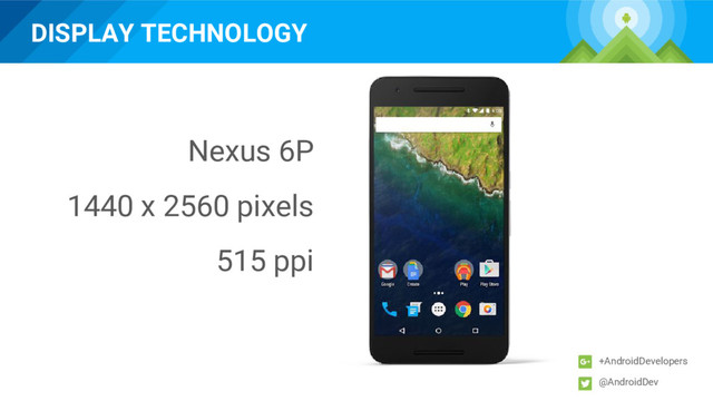 DISPLAY TECHNOLOGY
+AndroidDevelopers
@AndroidDev
Nexus 6P
1440 x 2560 pixels
515 ppi
