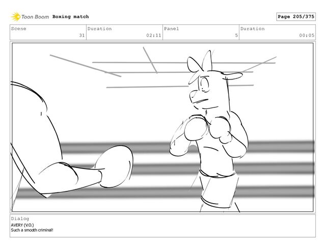 Scene
31
Duration
02:11
Panel
5
Duration
00:05
Dialog
AVERY (V.O.)
Such a smooth criminal!
Boxing match Page 205/375
