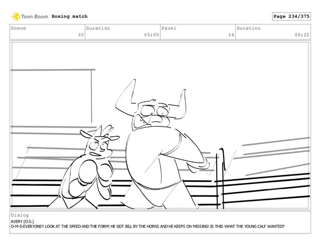 Scene
33
Duration
05:05
Panel
14
Duration
00:21
Dialog
AVERY (O.S.)
O-M-G EVERYONE!! LOOK AT THE SPEED AND THE FORM! HE GOT BILL BY THE HORNS AND HE KEEPS ON MISSING! IS THIS WHAT THE YOUNG CALF WANTED?
Boxing match Page 234/375
