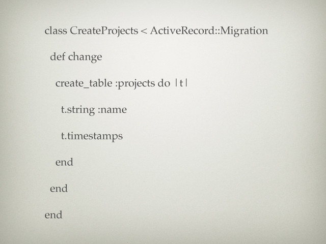 class CreateProjects < ActiveRecord::Migration
def change
create_table :projects do |t|
t.string :name
t.timestamps
end
end
end
