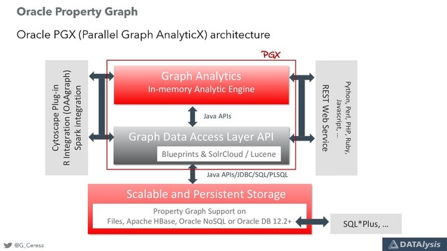 Scalable and Persistent Storage
Graph Data Access Layer API
Graph Analytics
In-memory Analytic Engine
Blueprints & SolrCloud / Lucene
Property Graph Support on
Files, Apache HBase, Oracle NoSQL or Oracle DB 12.2+
REST Web Service
Python, Perl, PHP, Ruby,
Javascript, …
Java APIs
Java APIs/JDBC/SQL/PLSQL
Cytoscape Plug-in
R Integration (OAAgraph)
Spark integration
SQL*Plus, …
PGX
