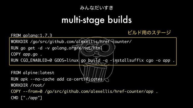 FROM golang:1.7.3
WORKDIR /go/src/github.com/alexellis/href-counter/
RUN go get -d -v golang.org/x/net/html
COPY app.go .
RUN CGO_ENABLED=0 GOOS=linux go build -a -installsuffix cgo -o app .
FROM alpine:latest
RUN apk --no-cache add ca-certificates
WORKDIR /root/
COPY --from=0 /go/src/github.com/alexellis/href-counter/app .
CMD ["./app"]
ΈΜͳ͍͖ͩ͢
multi-stage builds
Ϗϧυ༻ͷεςʔδ
