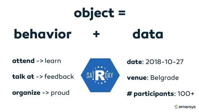 date: 2018-10-27
venue: Belgrade
# participants: 100+
attend -> learn
talk at -> feedback
organize -> proud
data
behavior +
object =
