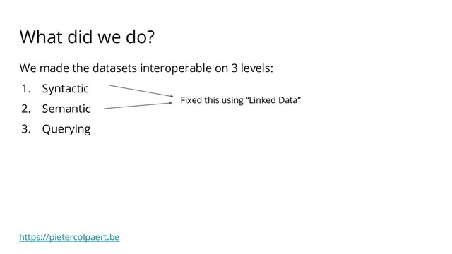 https://pietercolpaert.be
What did we do?
We made the datasets interoperable on 3 levels:
1. Syntactic
2. Semantic
3. Querying
Fixed this using “Linked Data”
