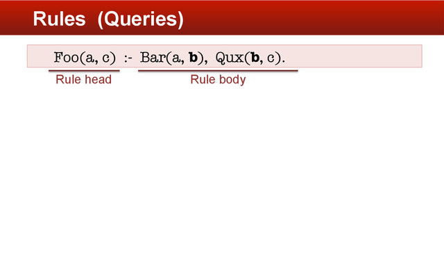 Rules (Queries)
Foo(a, c) :- Bar(a, b), Qux(b, c).
Rule head Rule body
