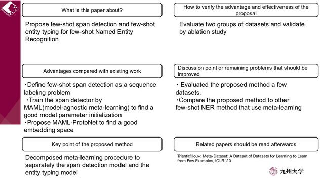 What is this paper about?
Advantages compared with existing work
Key point of the proposed method
2
Propose few-shot span detection and few-shot
entity typing for few-shot Named Entity
Recognition
・Define few-shot span detection as a sequence
labeling problem
・Train the span detector by
MAML(model-agnostic meta-learning) to find a
good model parameter initialization
・Propose MAML-ProtoNet to find a good
embedding space
Decomposed meta-learning procedure to
separately the span detection model and the
entity typing model
How to verify the advantage and effectiveness of the
proposal
Discussion point or remaining problems that should be
improved
Related papers should be read afterwards
Evaluate two groups of datasets and validate
by ablation study
・ Evaluated the proposed method a few
datasets.
・Compare the proposed method to other
few-shot NER method that use meta-learning
Triantaﬁllou+: Meta-Dataset: A Dataset of Datasets for Learning to Learn
from Few Examples, ICLR ‘20
