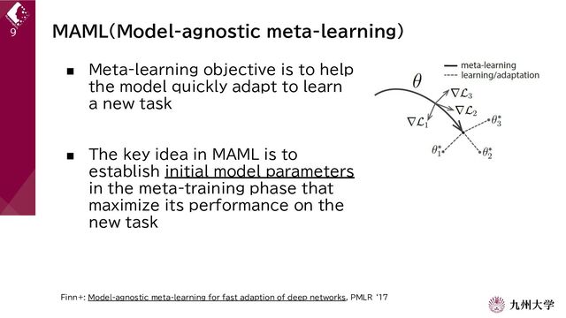 MAML(Model-agnostic meta-learning)
9
■ Meta-learning objective is to help
the model quickly adapt to learn
a new task
■ The key idea in MAML is to
establish initial model parameters
in the meta-training phase that
maximize its performance on the
new task
Finn+: Model-agnostic meta-learning for fast adaption of deep networks, PMLR ‘17
